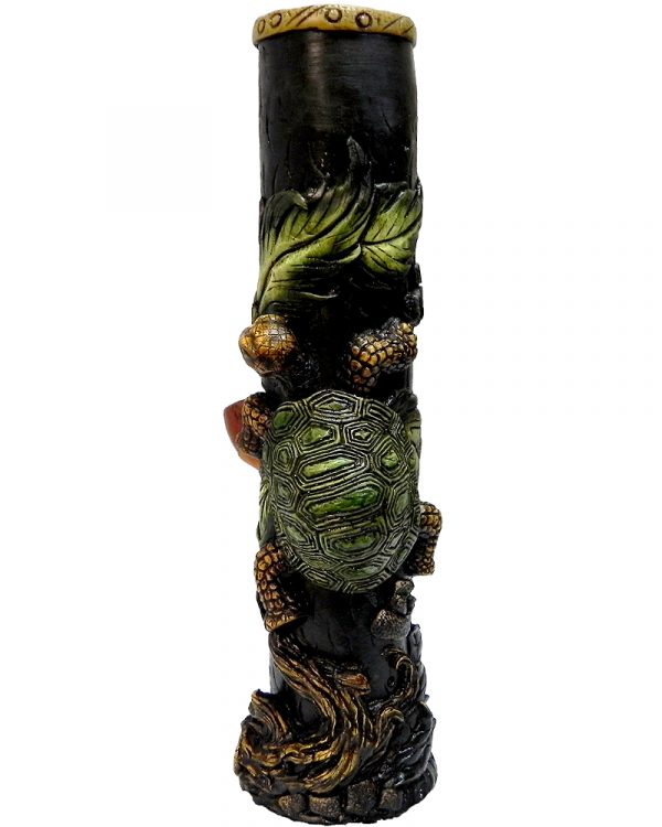 Handcrafted tobacco smoking water pipe of a green and brown turtle with leaves and a twisted brown tree.