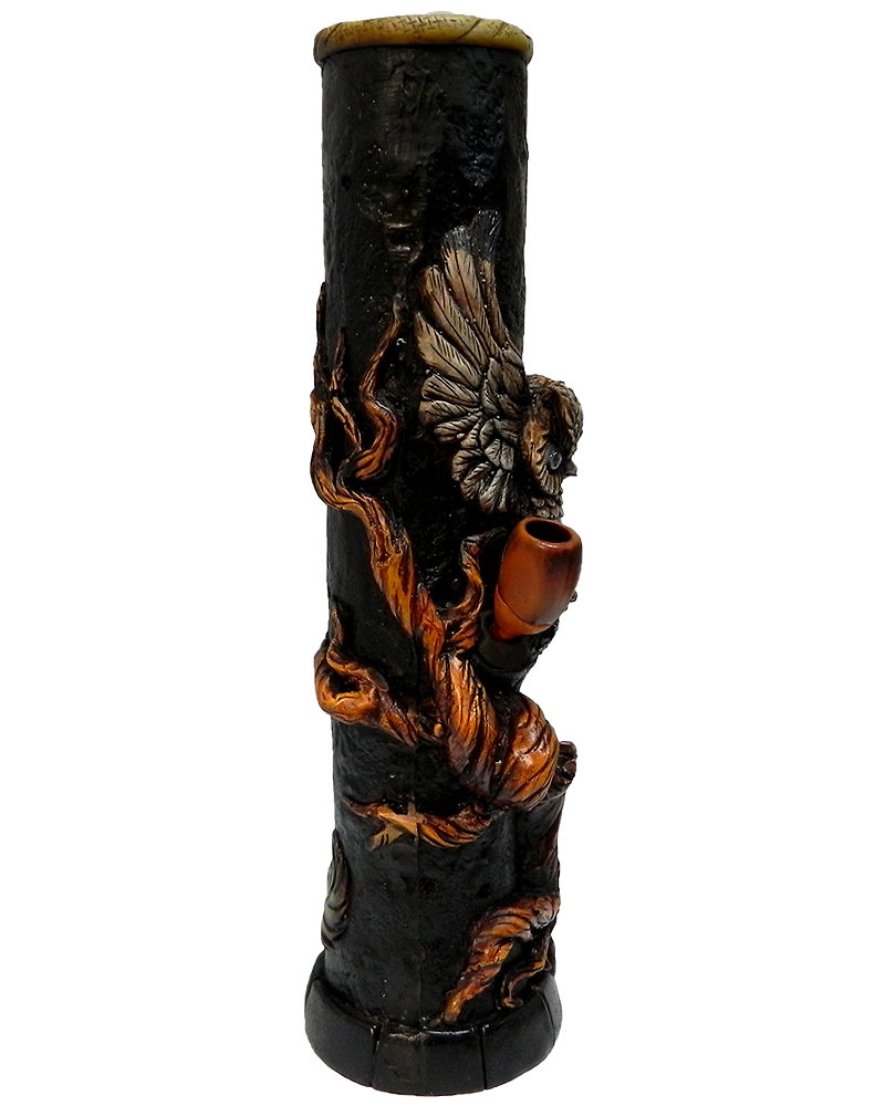 Handcrafted tobacco smoking water pipe of a brown owl with open wings over a brown tree.