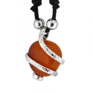 Handmade silver metal spiral wrapped tumbled gemstone crystal pendant on adjustable necklace in orange agate.