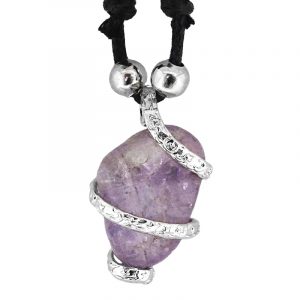 Handmade silver metal spiral wrapped tumbled gemstone crystal pendant on adjustable necklace in purple amethyst.