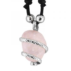 Handmade silver metal spiral wrapped tumbled gemstone crystal pendant on adjustable necklace in light pink rose quartz.