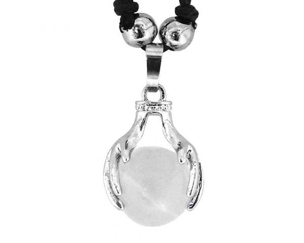 Handmade round-shaped tumbled gemstone crystal ball pendant in silver metal hands on adjustable necklace in clear quartz.