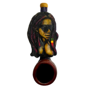 Handcrafted tobacco smoking hand pipe of a sexy Rasta woman with dreads and sunglasses in small size.