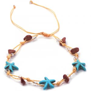 Handmade tied string pull tie anklet with starfish beads, chip stones, and seed beads in orange brown goldstone, turquoise blue, clear, and beige color combination.