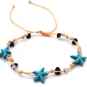 Handmade tied string pull tie anklet with starfish beads, chip stones, and seed beads in black, turquoise blue, clear, and beige color combination.