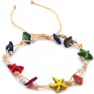 Handmade tied string pull tie anklet with starfish beads, chip stones, and seed beads in multicolored, clear, and beige color combination.