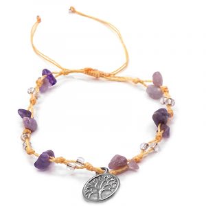 Handmade tied string pull tie anklet with chip stones, seed beads, and dangling silver metal tree of life charm in purple amethyst, clear, and beige color combination.