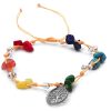 Handmade tied string pull tie anklet with rainbow colored chip stones, seed beads, and dangling silver metal tree of life charm in beige color.