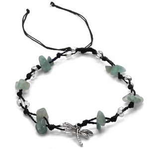 Handmade tied string pull tie anklet with chip stones, seed beads, and dangling silver metal dragonfly charm in light green aventurine, clear, and black color combination.