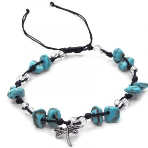 Handmade tied string pull tie anklet with chip stones, seed beads, and dangling silver metal dragonfly charm in turquoise blue, clear, and black color combination.