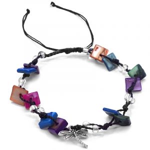 Handmade tied string pull tie anklet with chip stones, seed beads, and dangling silver metal dragonfly charm in multicolored, clear, and black color combination.