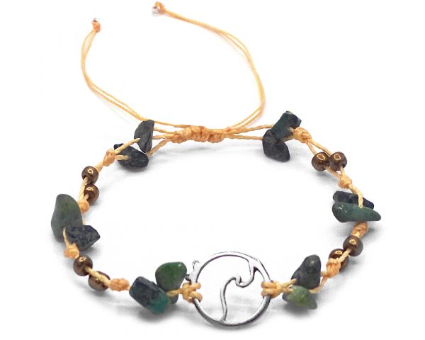Handmade tied string pull tie anklet with chip stones, seed beads, and round silver metal wave charm charm in green, dark green, gold, and beige color combination.
