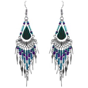 Handmade teardrop-cut green malachite cabochon stone chandelier earrings with long multicolored seed bead, bugle bead, and alpaca silver metal dangles in green, teal, turquoise, purple, and white color combination.