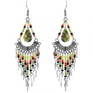 Handmade teardrop-cut olive green serpentine cabochon stone chandelier earrings with long multicolored seed bead, bugle bead, and alpaca silver metal dangles in lime green, salmon red, and black color combination.