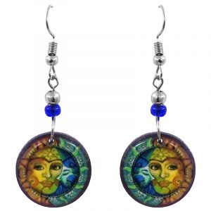 Handmade round-shaped New Age themed sun and moon graphic acrylic dangle earrings with beaded metal hooks in yellow, gold, teal green, and turquoise blue color combination.