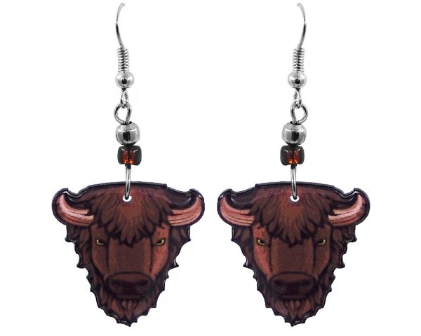 Handmade buffalo face graphic acrylic dangle earrings with beaded metal hooks in brown, tan, beige, and black color combination.