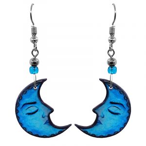 Handmade New Age themed crescent half moon graphic acrylic dangle earrings with sleeping face and beaded metal hooks in turquoise and light blue color combination.