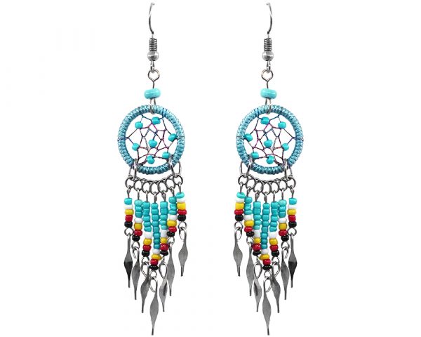 Handmade Native American inspired round beaded thread dream catcher earrings with long seed bead and alpaca silver dangles in aqua mint, turquoise blue, white, yellow, red, and black color combination.