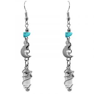 Handmade silver metal wire wrapped clear quartz crystal earrings with chip stone and crescent moon and stars charm dangles in turquoise blue howlite.