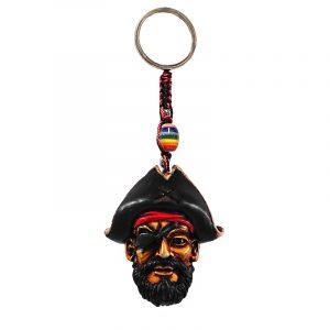 Handmade durepox resin figurine keychain of a pirate captain head with a hat and eye patch.