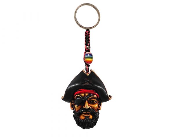 Handmade durepox resin figurine keychain of a pirate captain head with a hat and eye patch.
