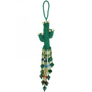Handmade Czech glass seed bead floral cactus figurine hanging ornament with crystal beaded tail dangles in green and multicolored color combination.