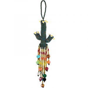 Handmade Czech glass seed bead floral cactus figurine hanging ornament with crystal beaded tail dangles in iridescent dark green and multicolored color combination.