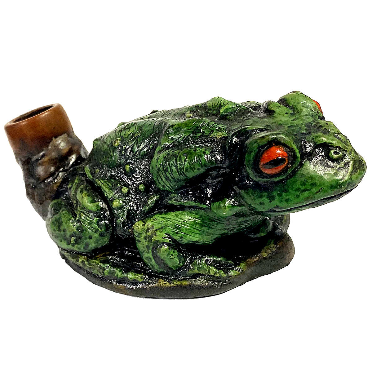 Handcrafted medium-sized tobacco smoking hand pipe of a toad bullfrog. Smoke from the mouthpiece on its mouth.