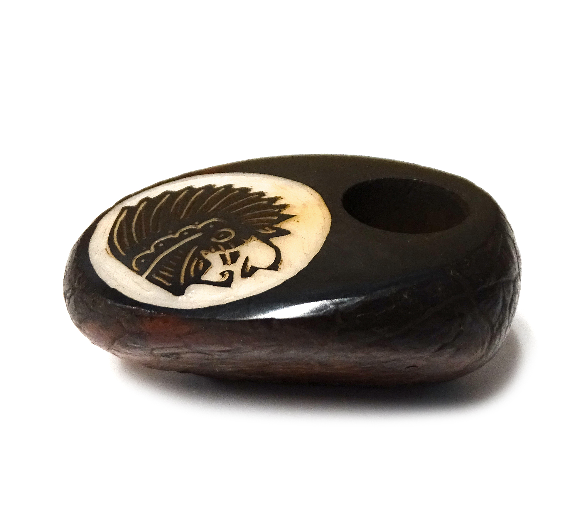 Handcarved tobacco smoking mini round natural tagua nut hand pipe bowl of a Native American Indian Chief head profile.