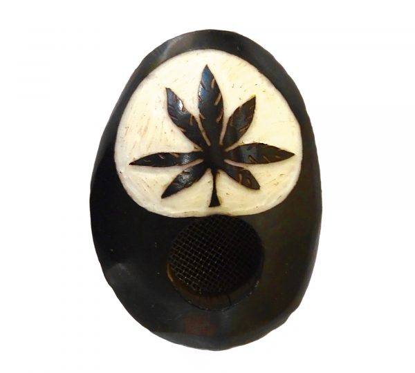 Handcarved tobacco smoking mini round natural tagua nut hand pipe bowl of a cannabis pot leaf.