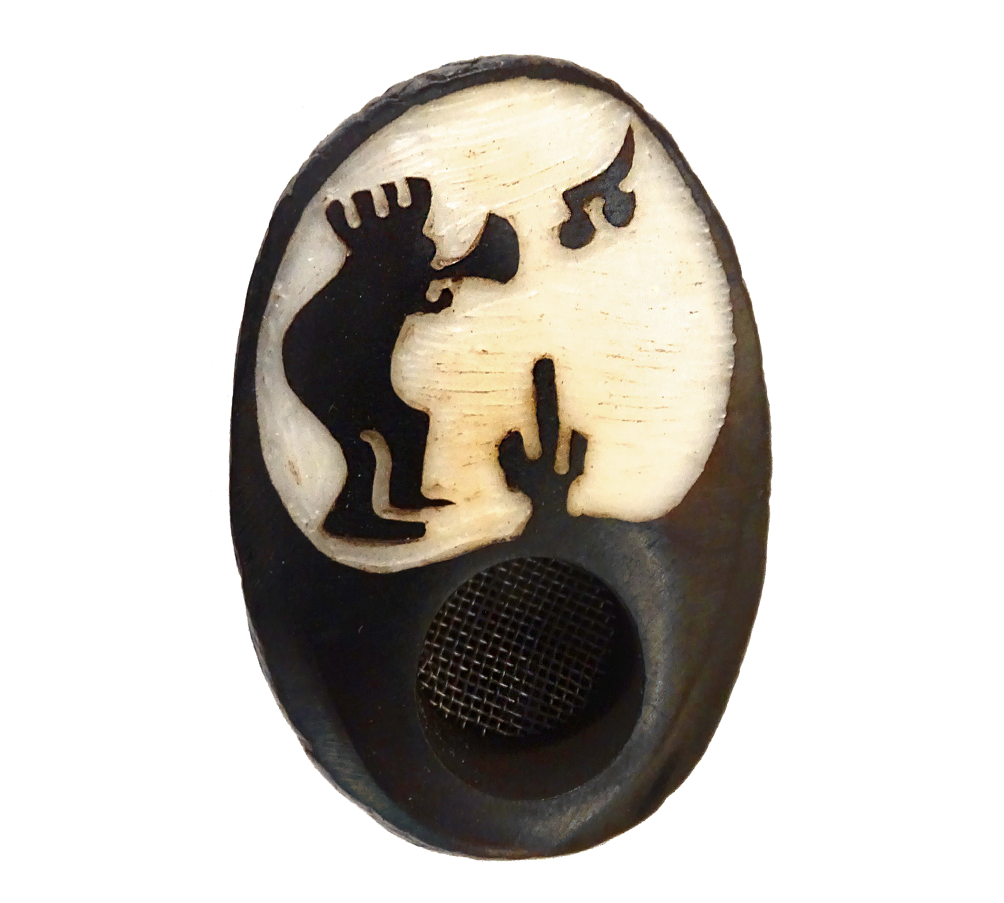 Handcarved tobacco smoking mini round natural tagua nut hand pipe bowl of a kokopelli deity playing the flute.
