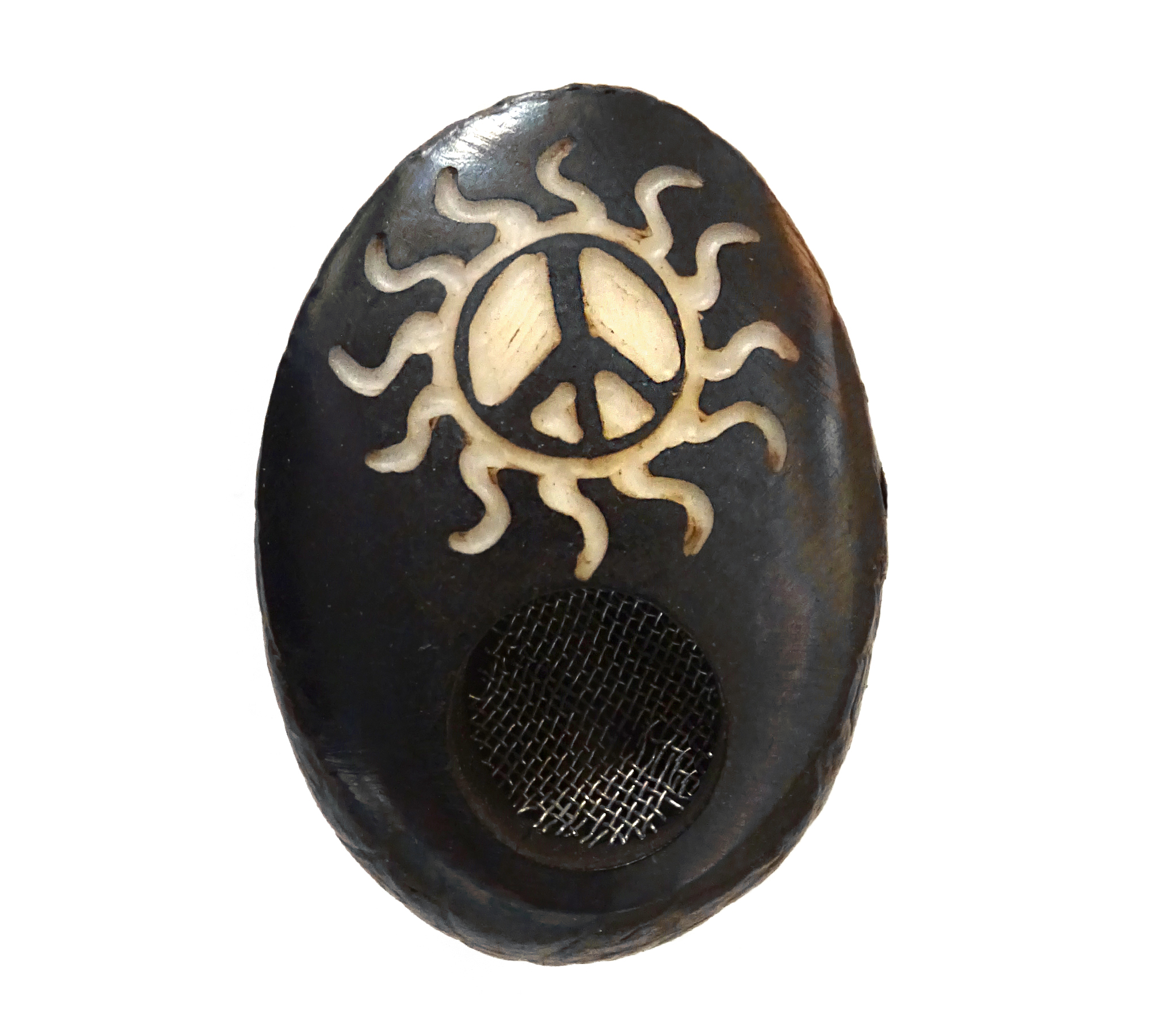 Handcarved tobacco smoking mini round natural tagua nut hand pipe bowl of a peace sign symbol inside of a tribal sun design.