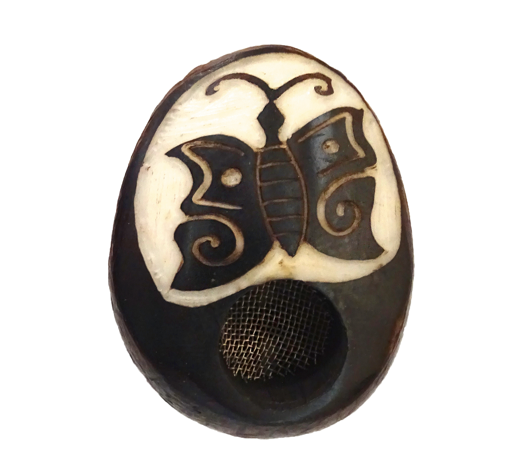 Handcarved tobacco smoking mini round natural tagua nut hand pipe bowl of a butterfly.