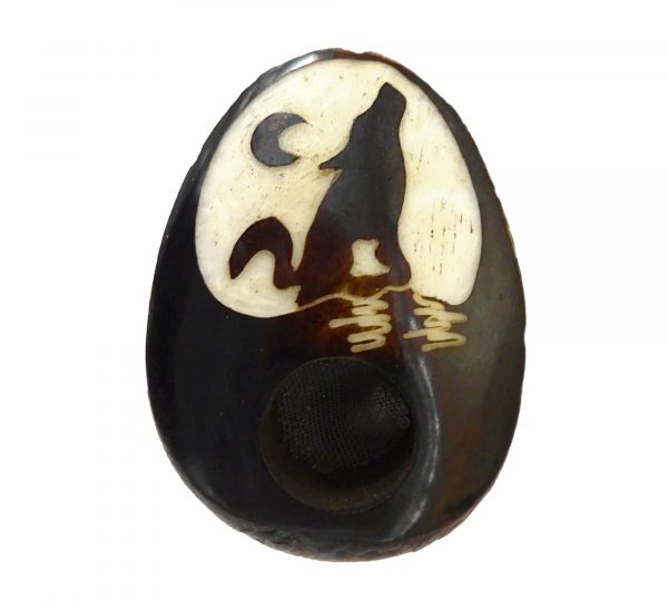 Handcarved tobacco smoking mini round natural tagua nut hand pipe bowl of a howling wolf under a moon.