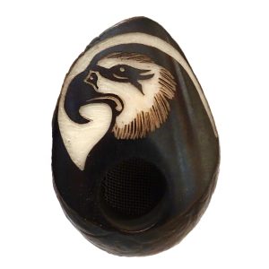 Handcarved tobacco smoking mini round natural tagua nut hand pipe bowl of an eagle head profile.