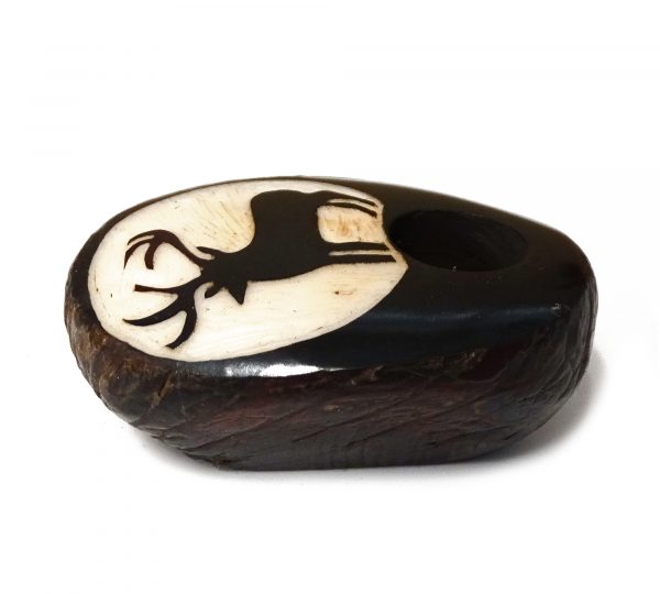 Handcarved tobacco smoking mini round natural tagua nut hand pipe bowl of a deer or moose silhouette.