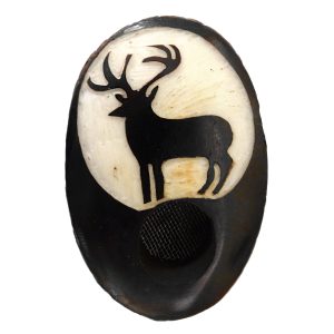 Handcarved tobacco smoking mini round natural tagua nut hand pipe bowl of a deer or moose silhouette.