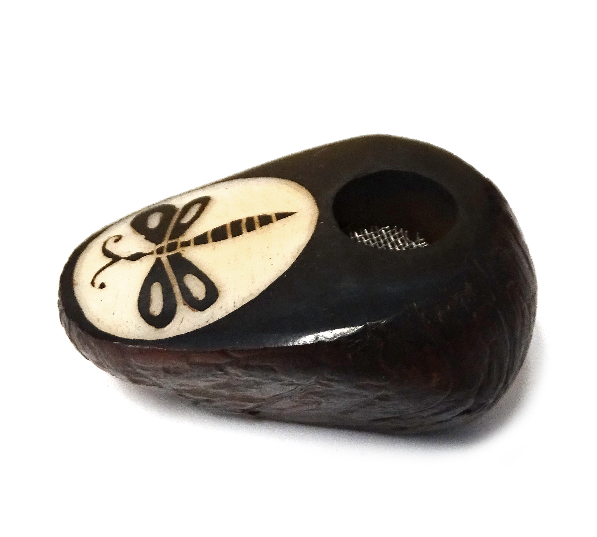 Handcarved tobacco smoking mini round natural tagua nut hand pipe bowl of a dragonfly.