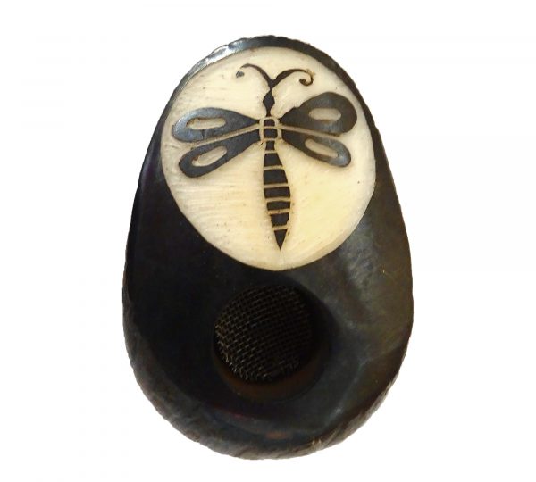Handcarved tobacco smoking mini round natural tagua nut hand pipe bowl of a dragonfly.