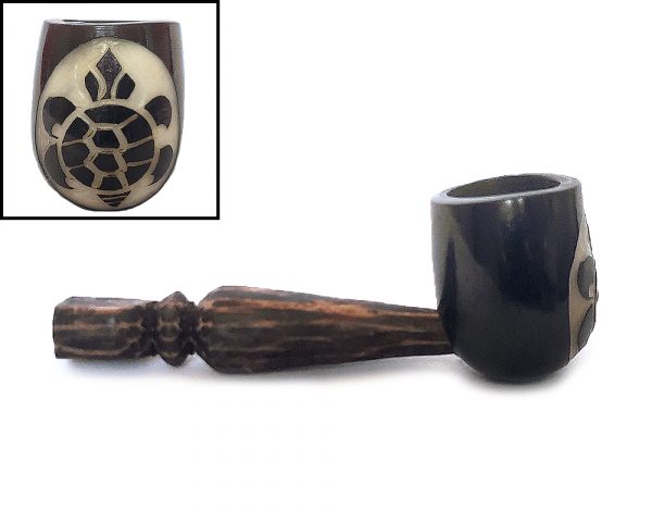 Handcarved tobacco smoking natural tagua nut hand pipe of a tribal sea turtle in small size.