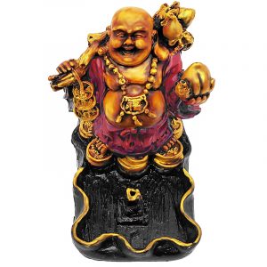 Handcrafted vertical incense holder ash tray with 3D figurine of a fat gold Chinese Buddha wearing a robe in red, gold, and black color combination.