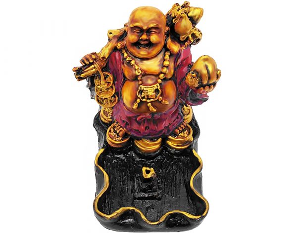 Handcrafted vertical incense holder ash tray with 3D figurine of a fat gold Chinese Buddha wearing a robe in red, gold, and black color combination.