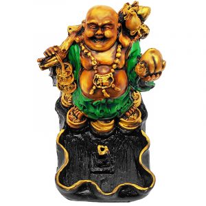 Handcrafted vertical incense holder ash tray with 3D figurine of a fat gold Chinese Buddha wearing a robe in green, gold, and black color combination.