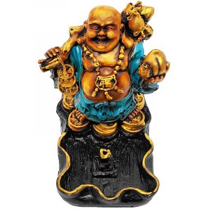 Handcrafted vertical incense holder ash tray with 3D figurine of a fat gold Chinese Buddha wearing a robe in turquoise, gold, and black color combination.