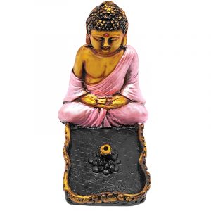 Handcrafted vertical incense holder ash tray with 3D figurine of a sitting meditating Tibetan Buddha in metallic light pink, gold, and black color combination.