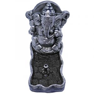 Handcrafted vertical incense holder ash tray with 3D figurine of a Ganesha elephant deity in silver and black color combination.