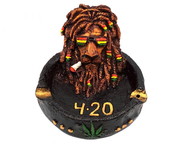Handcrafted round incense holder ash tray with 3D figurine of a smoking lion with dreads and sunglasses in brown, black, and Rasta colors.