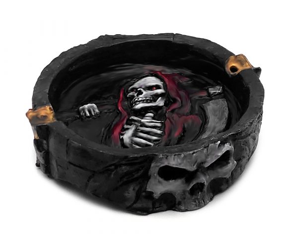 Handcrafted round flat incense holder ash tray with image of a hooded grim reaper death skull holding scythe in red, white, gray, gold, and black color combination.