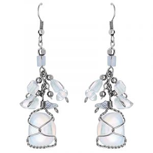 Handmade silver metal wire wrapped tumbled stone earrings with chip stone dangles in iridescent white opalite.