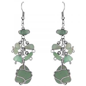 Handmade silver metal wire wrapped tumbled stone earrings with chip stone dangles in green aventurine.